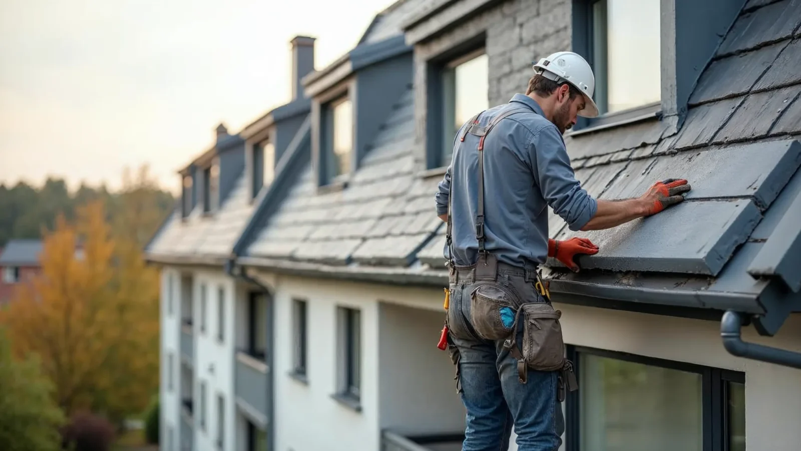 Appartementsgebouw in Vlaanderen met een werkman die het platte dak isoleert
