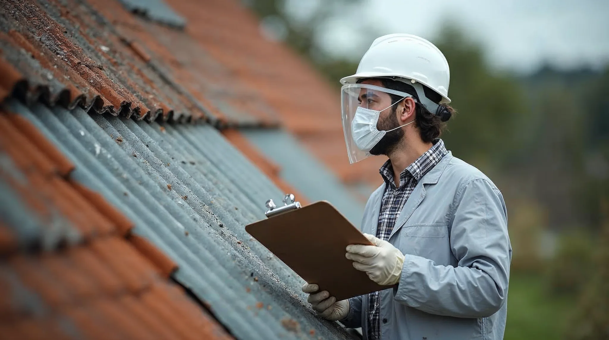 Expert in beschermkledij inspecteert een oud asbestdak