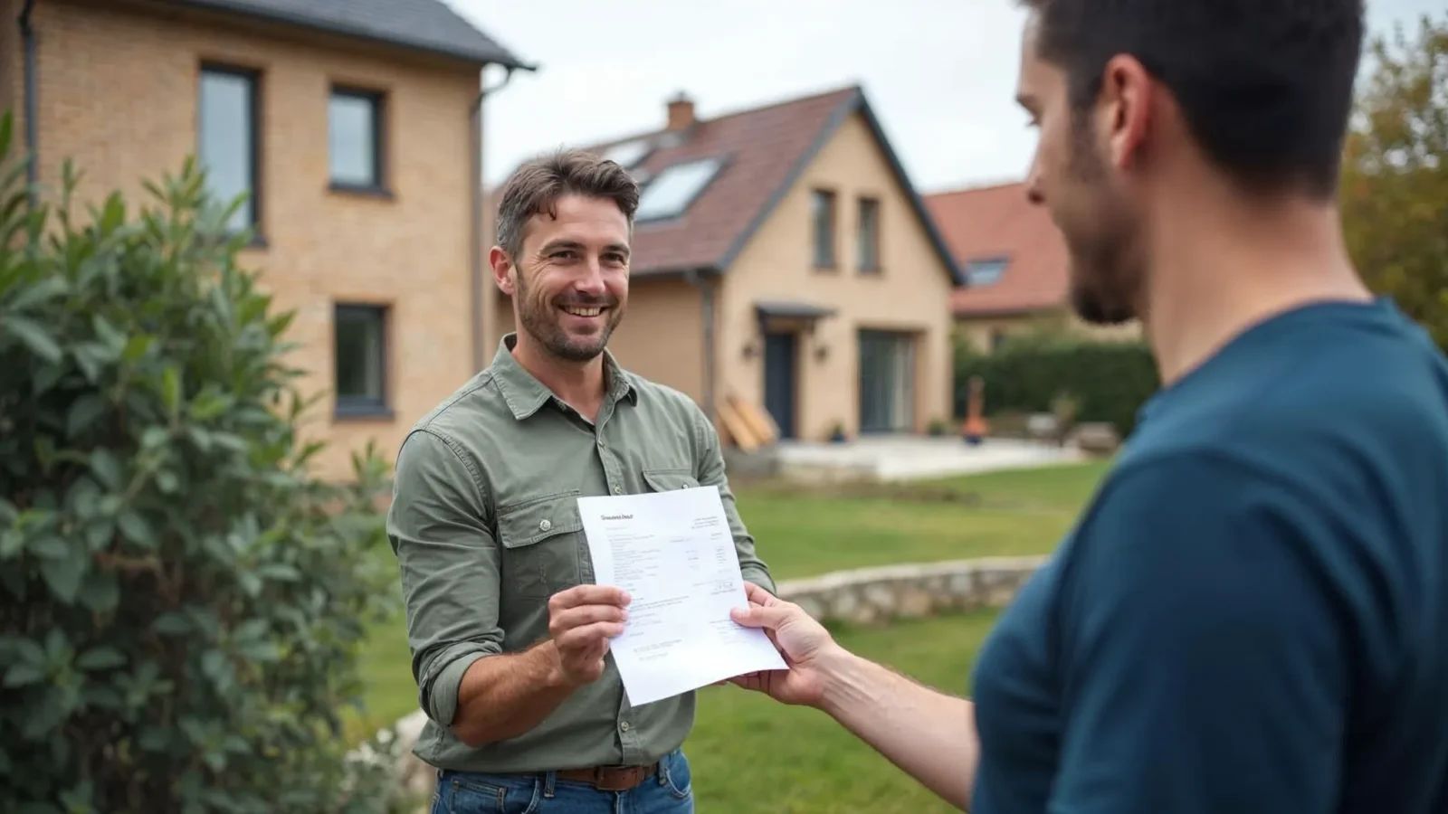 Aannemer overhandigt een factuur aan een bewoner voor een gerenoveerde woning