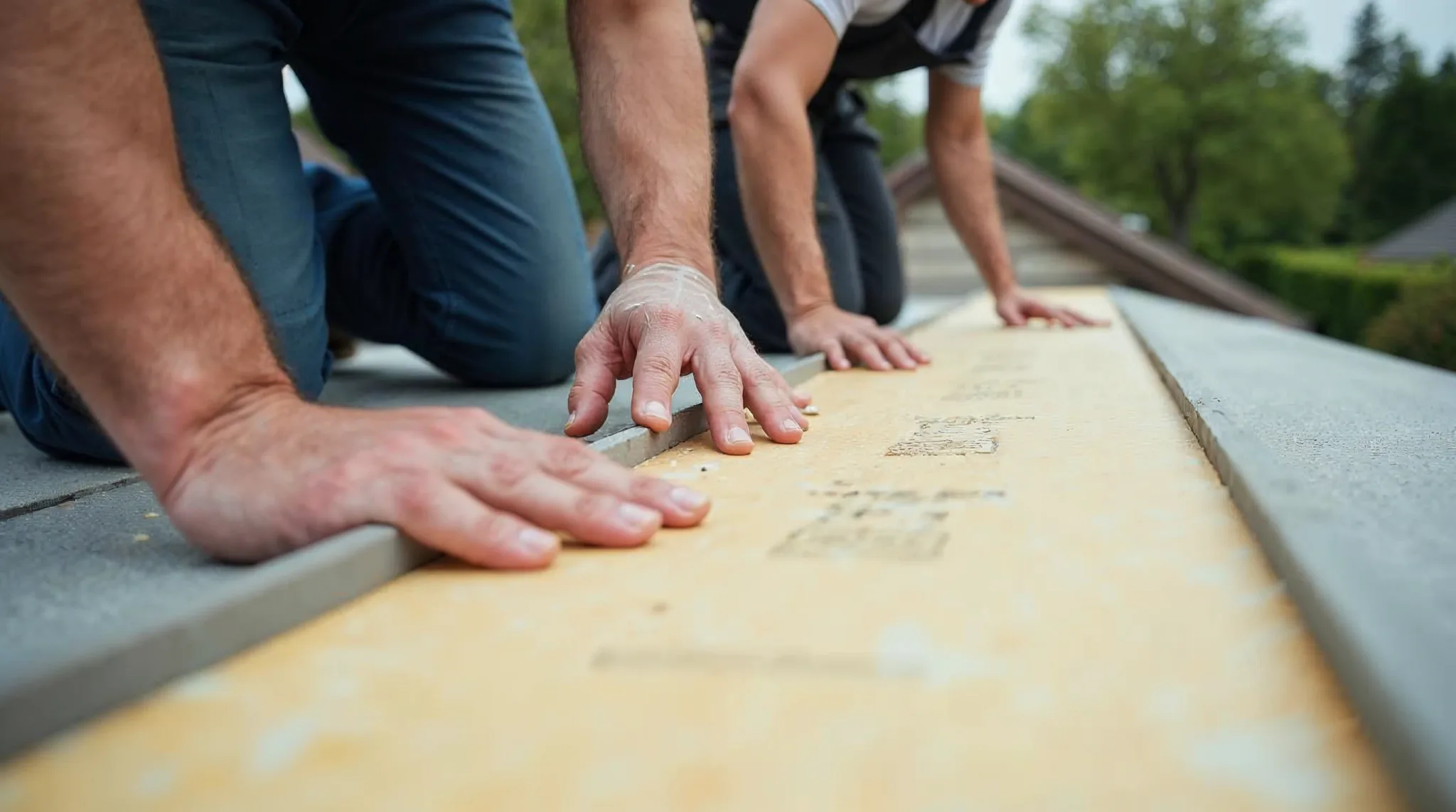 Werkmannen isoleren een plat dak langs buiten