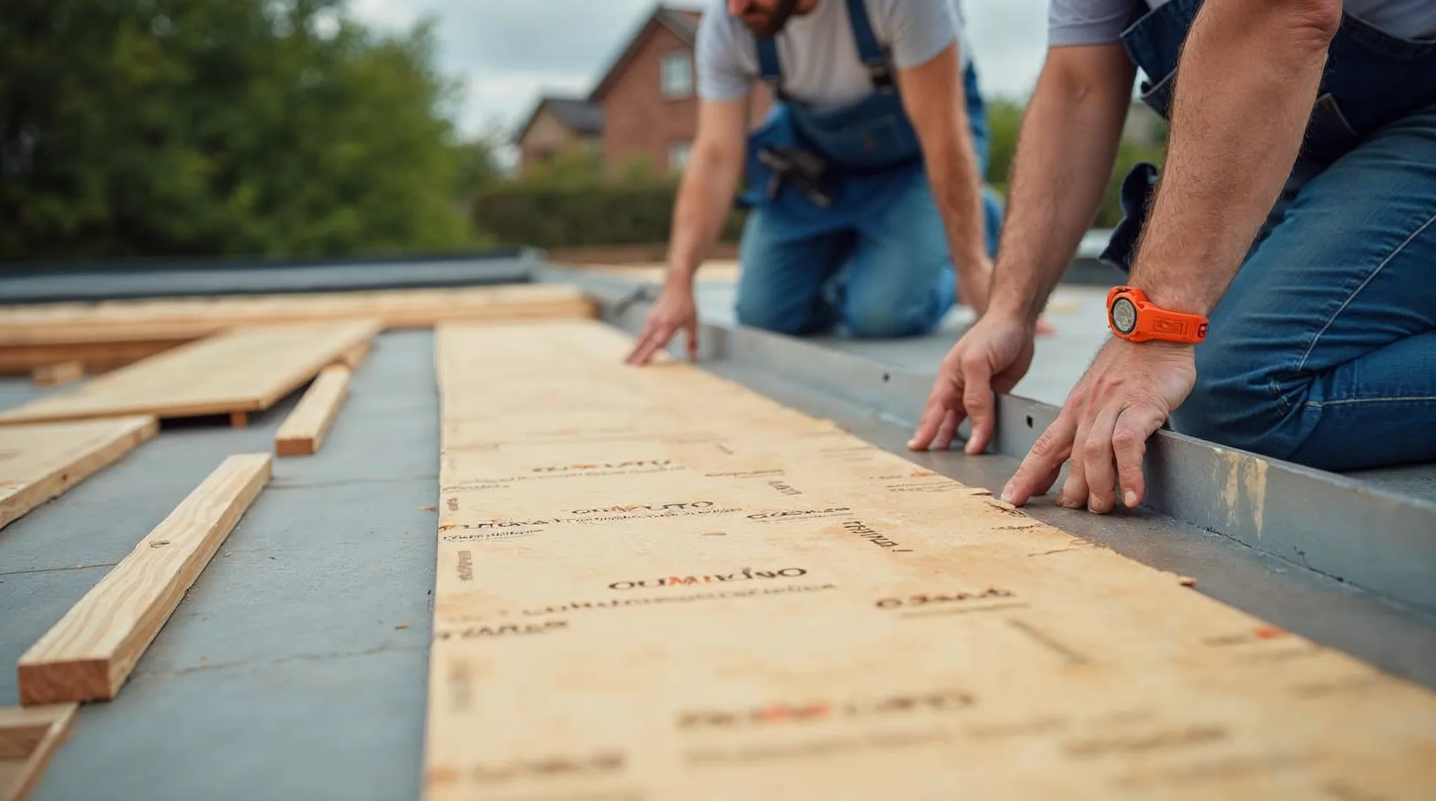 Werkmannen plaatsen isolatieplaten op een plat dak