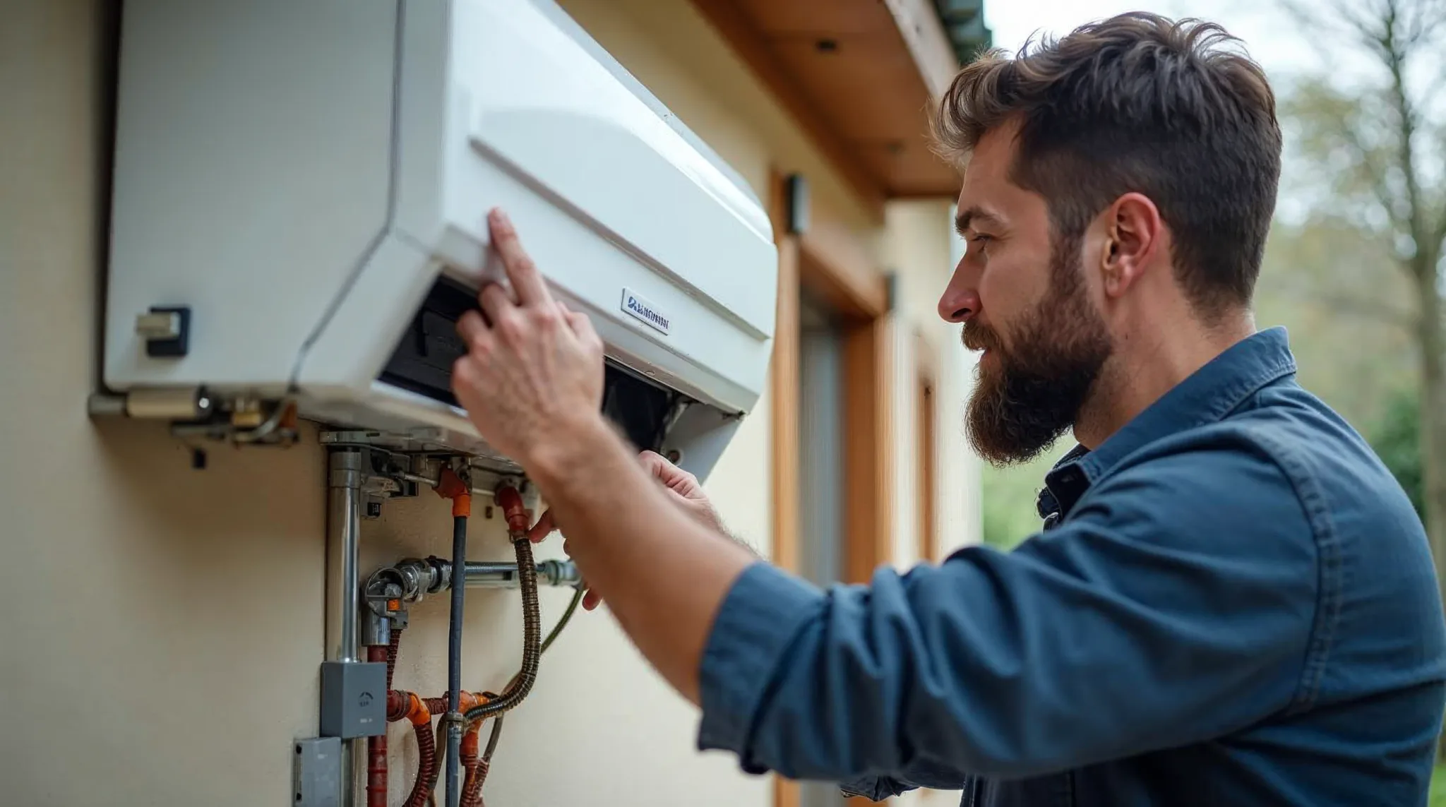 Technicus controleert een warmtepomp naast de muur van een huis