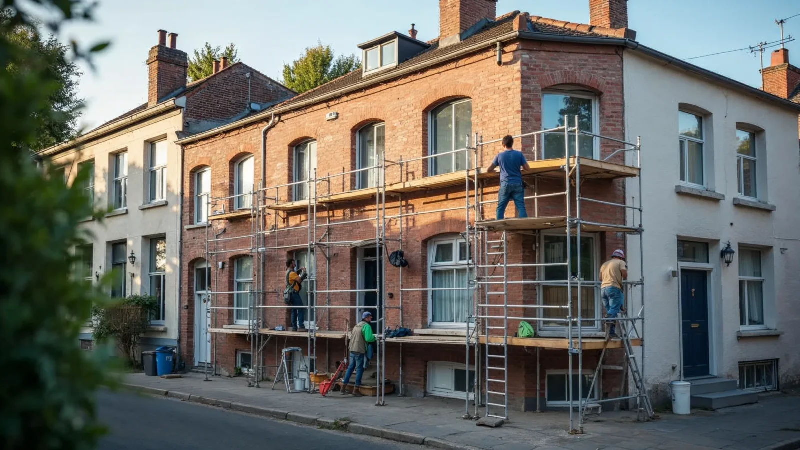 Gerenoveerde Antwerpse rijwoning met lichte stelling en werkmannen