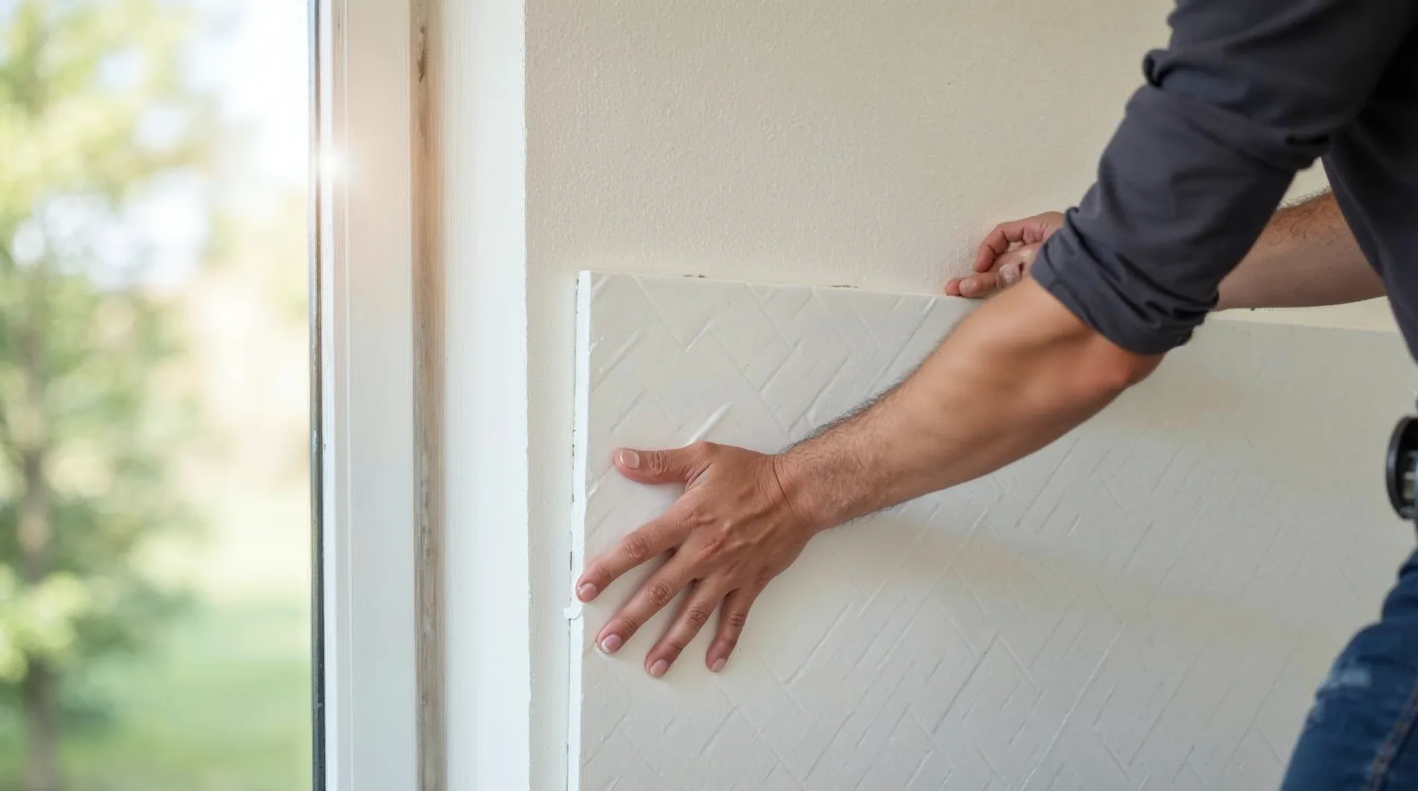 Werkman plaatst witte EPS-isolatiepanelen op een muur