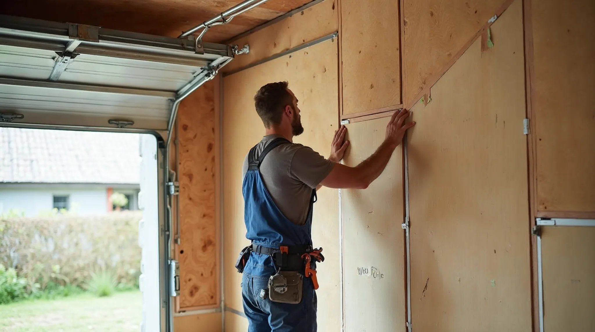 Werkman plaatst isolatieplaten op de muur van een garage