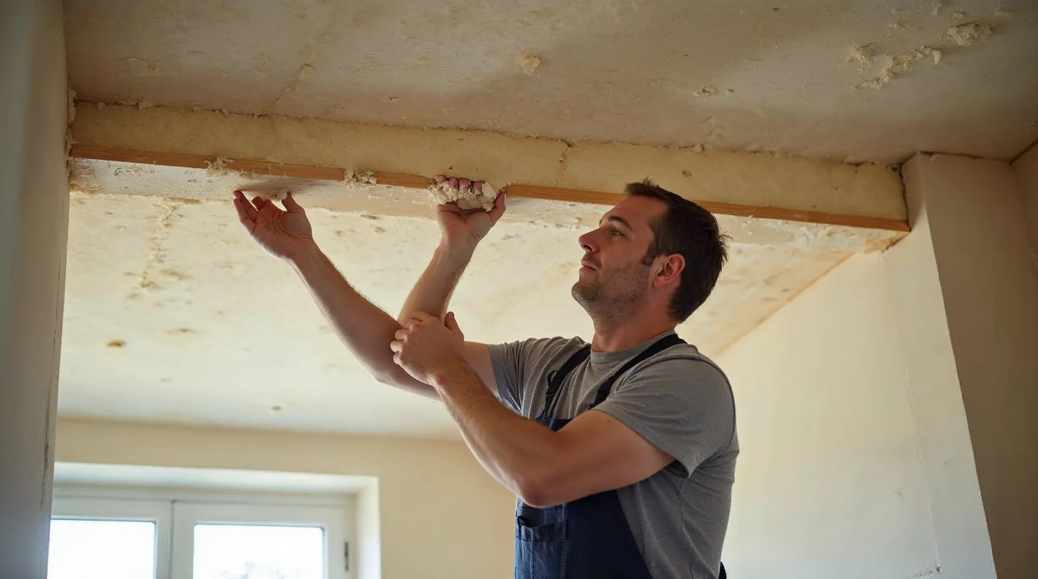 Werkman plaatst geluidsisolatie in een plafond