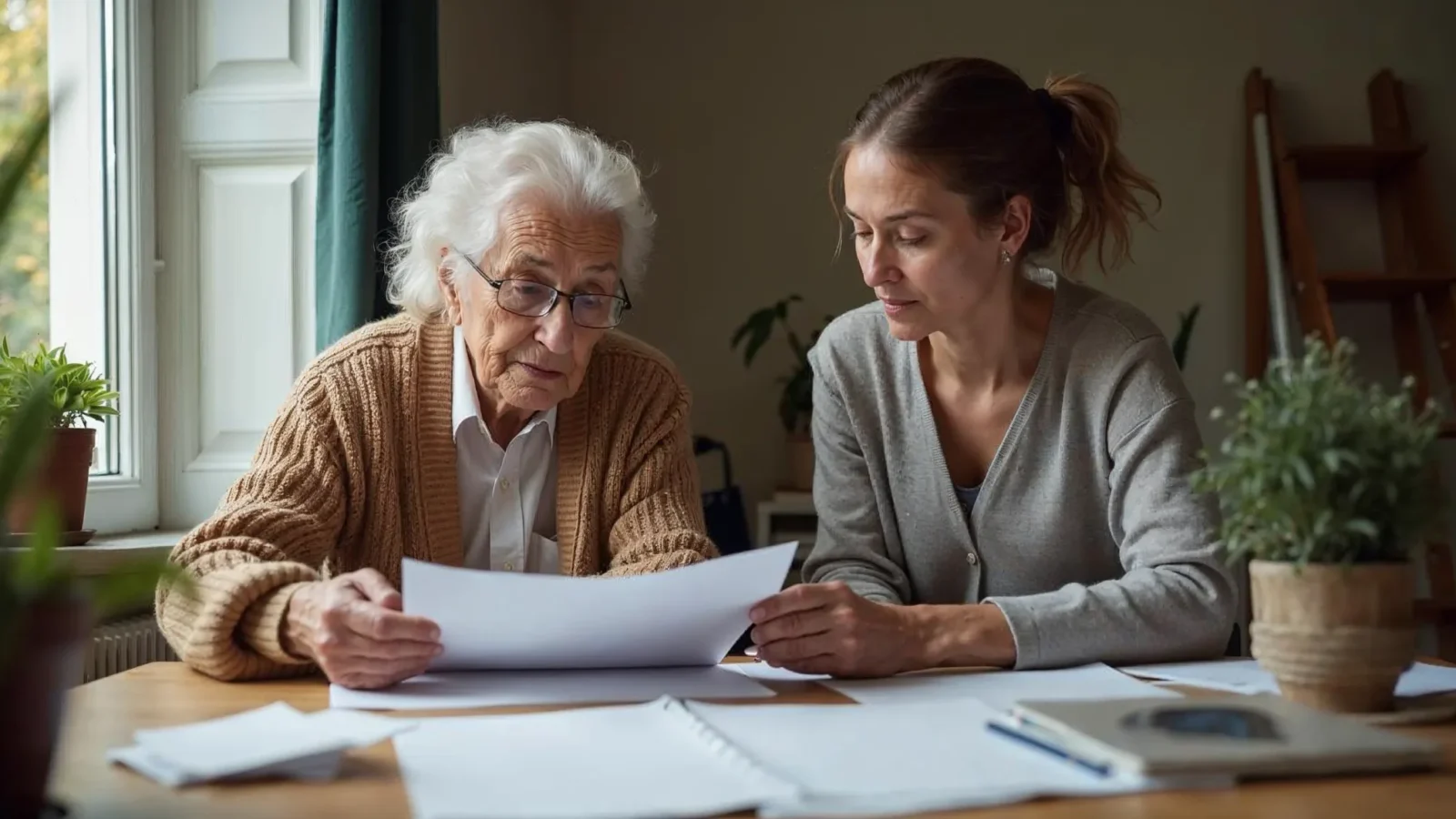 Oudere persoon bekijkt papierwerk met hulp van een jongere persoon