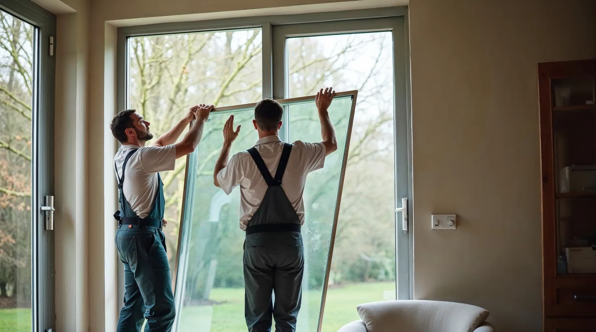 Twee werkmannen tillen een beglazingseenheid in een raamkader