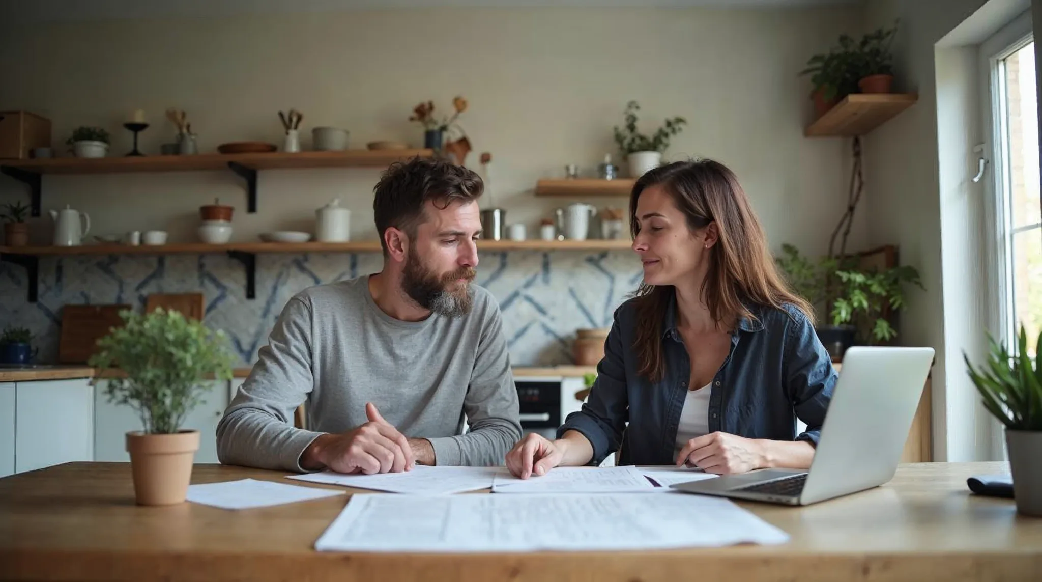 Verhuurder en huurder bespreken renovatie aan de keukentafel