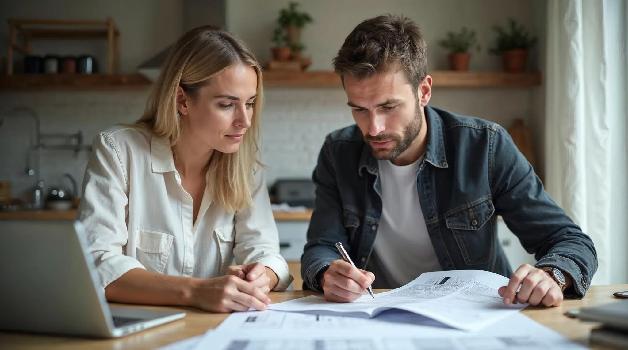 Koppel vergelijkt offertes voor de isolatie van hun woning aan de keukentafel