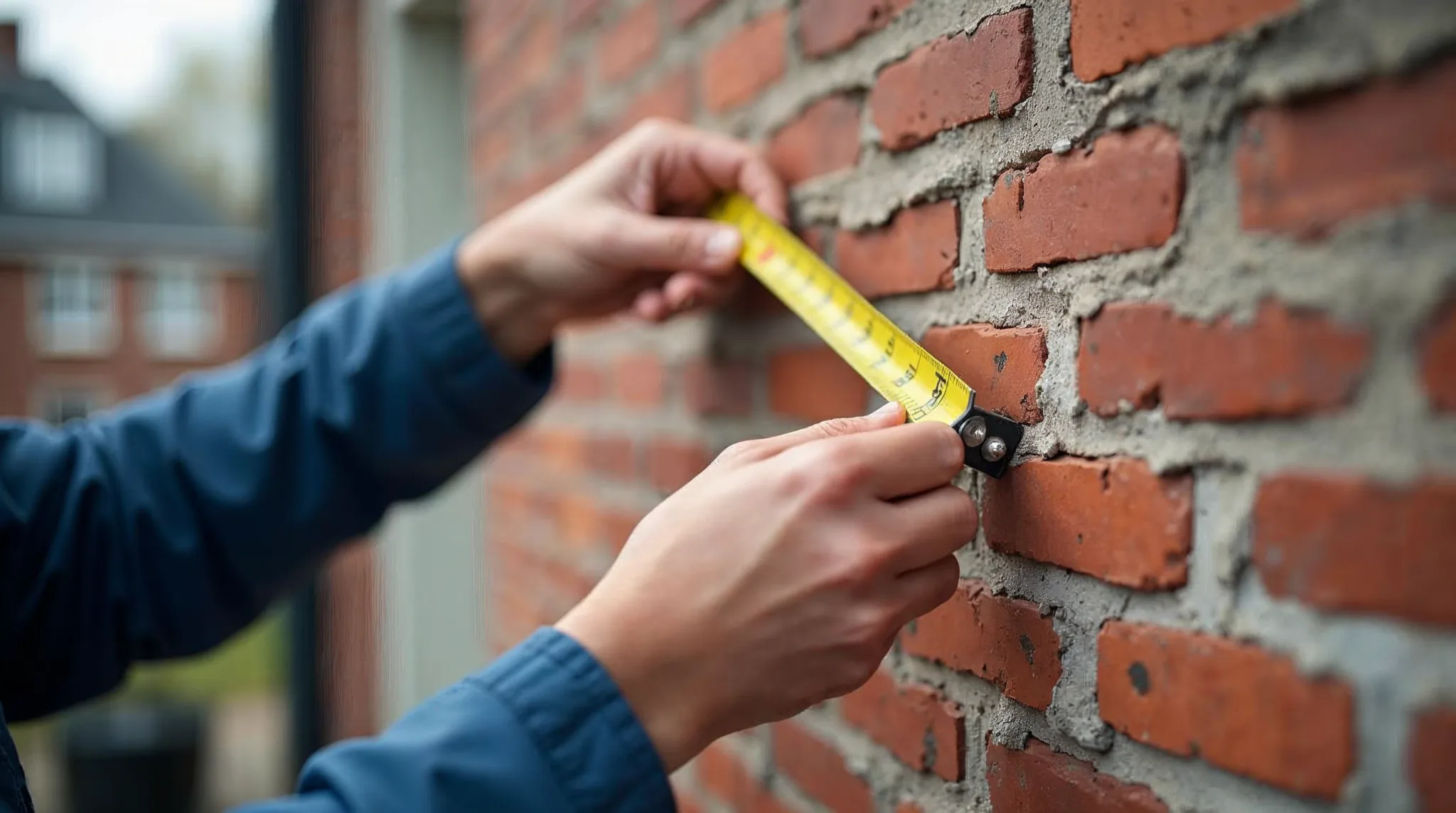 Vakman meet de buitengevel van een woning op voor de isolatiewerken