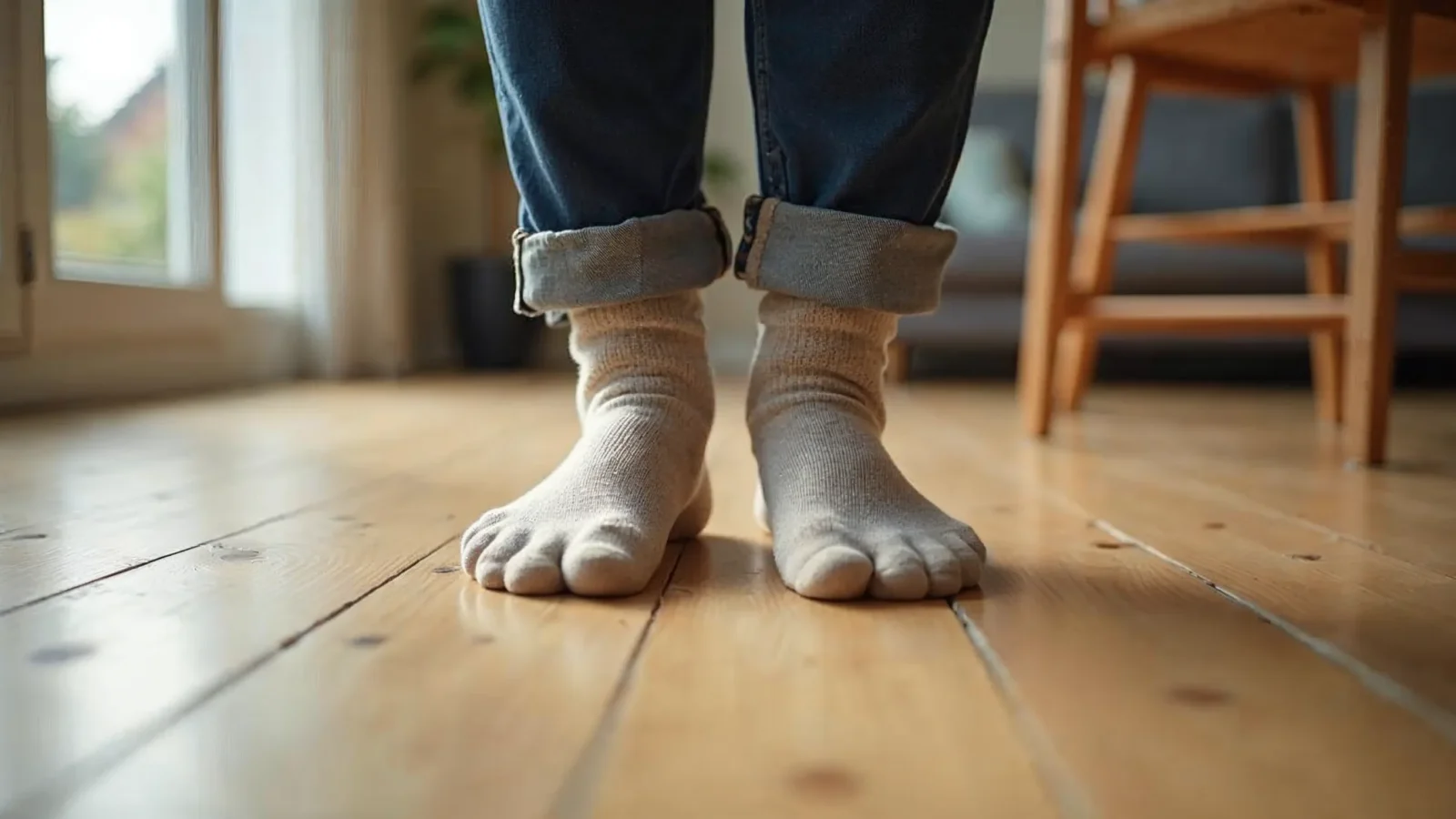 Persoon met warme sokken op een houten vloer in een lichte woonkamer