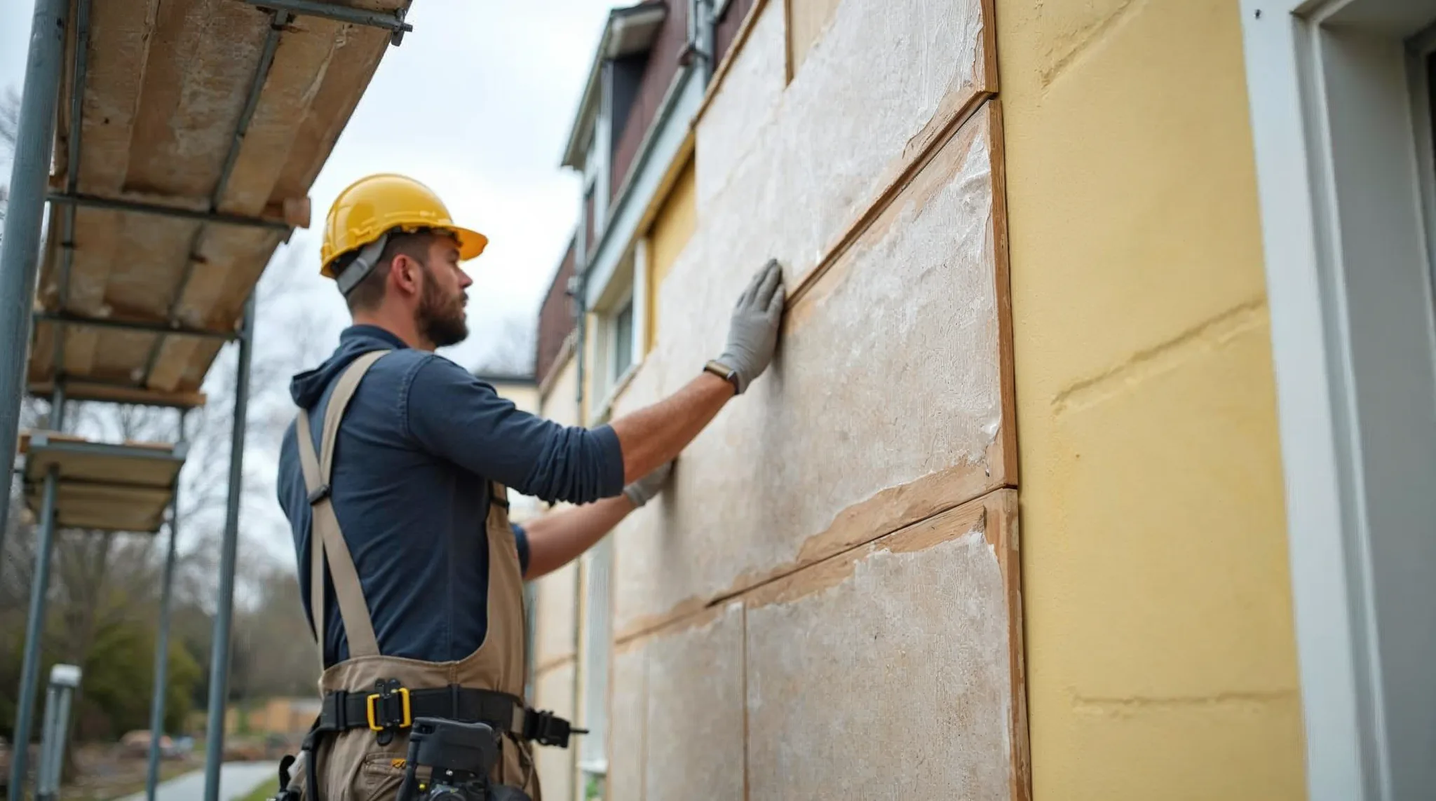 Vakman plaatst buitenmuurisolatie op de gevel van een huis