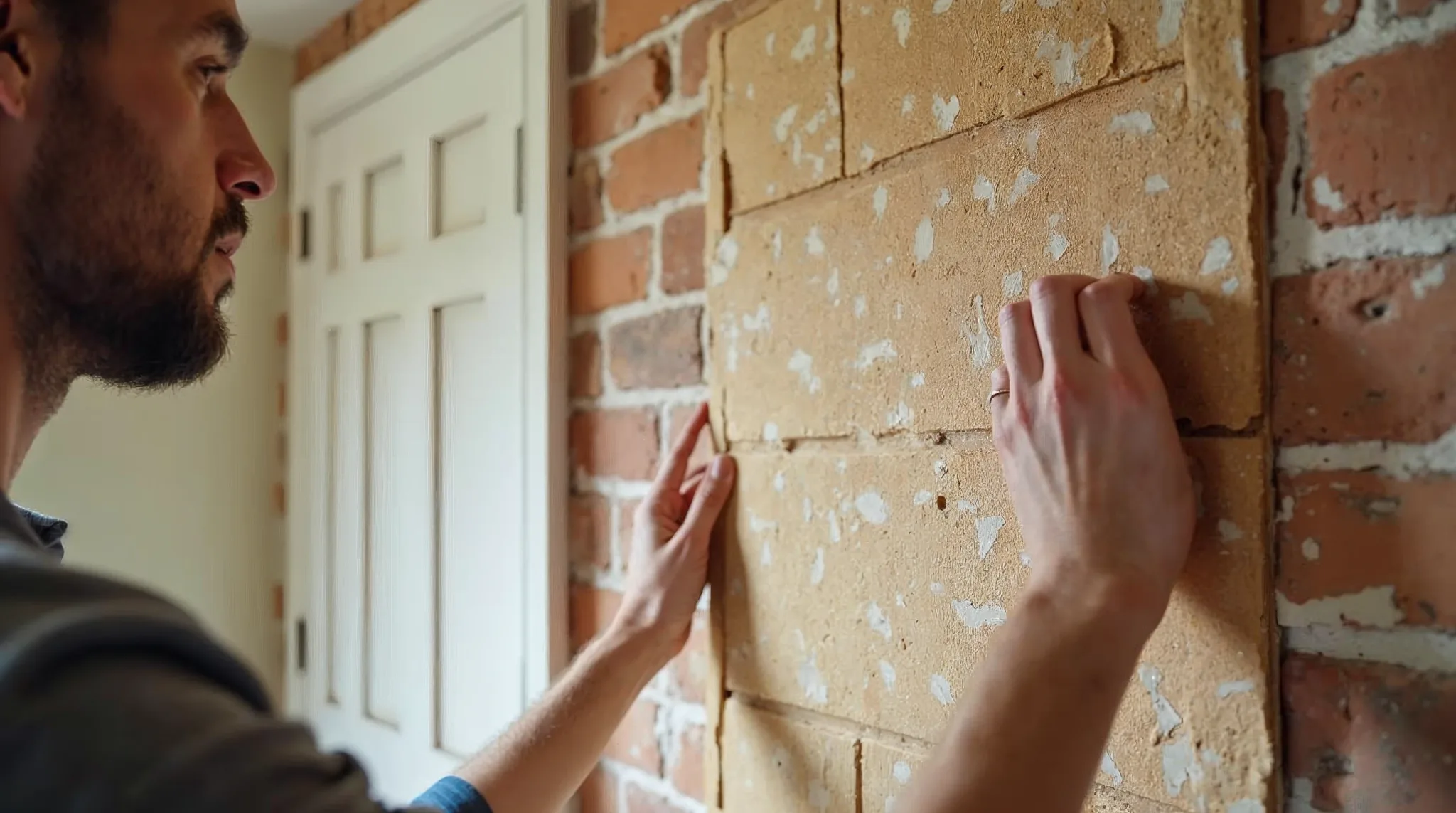 Vakman plaatst binnenmuurisolatie tegen een bakstenen muur