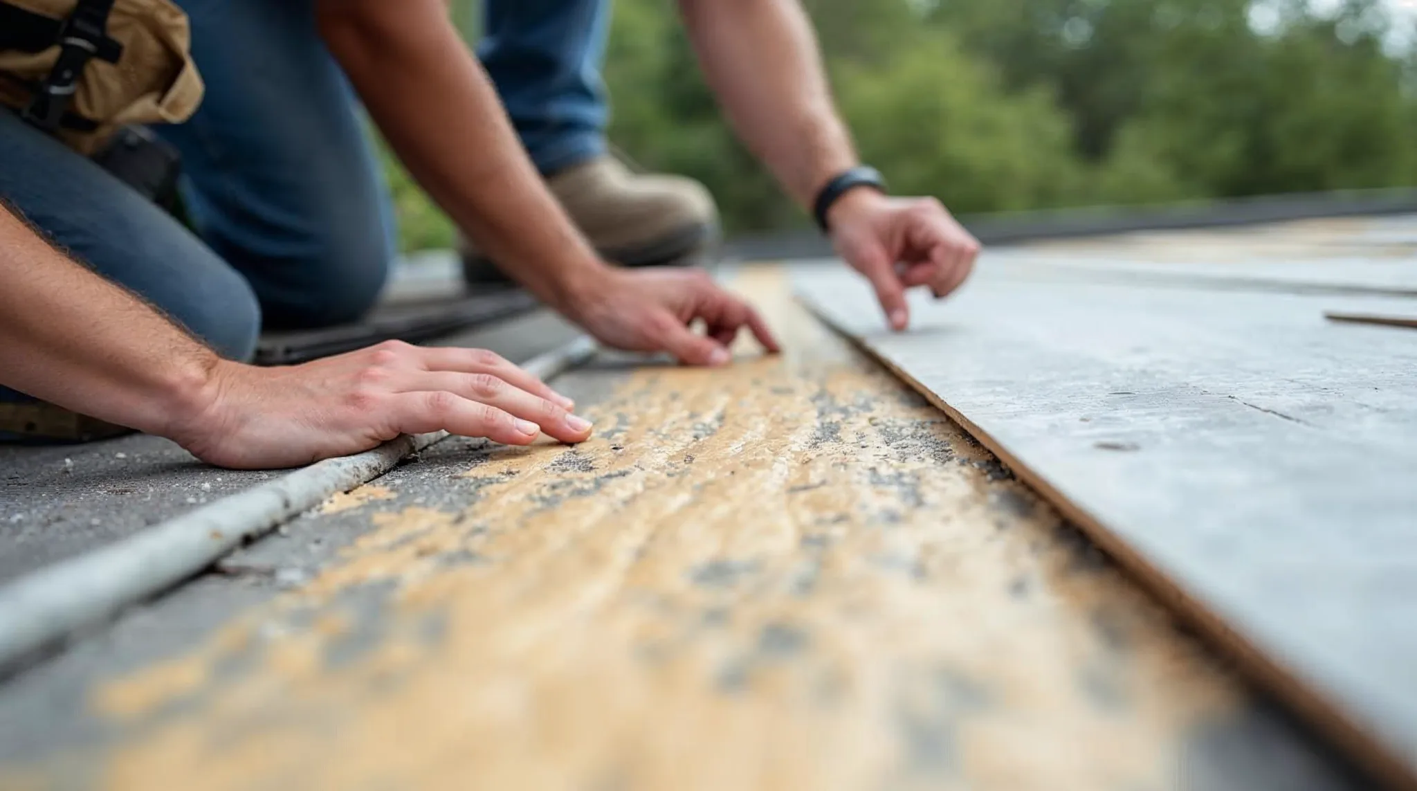 Werkmannen plaatsen isolatie op een plat dak