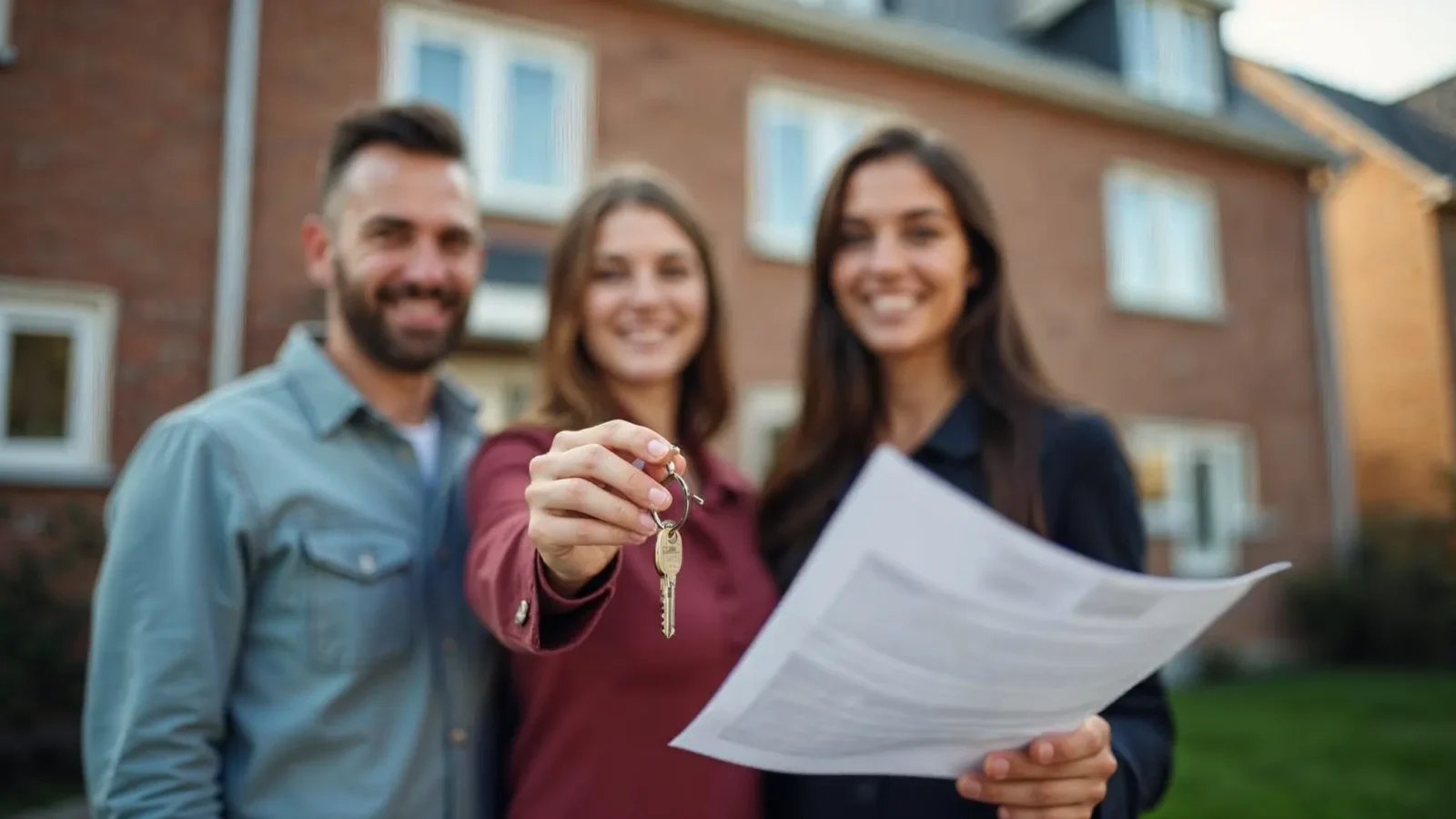 Jong koppel met de sleutels voor hun pas gekochte Vlaamse rijwoning