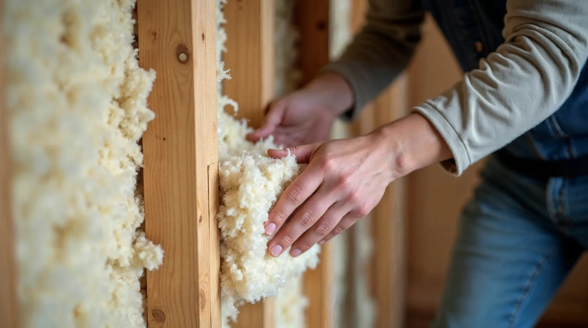 Werkman plaatst schapenwolisolatie tussen houten balken