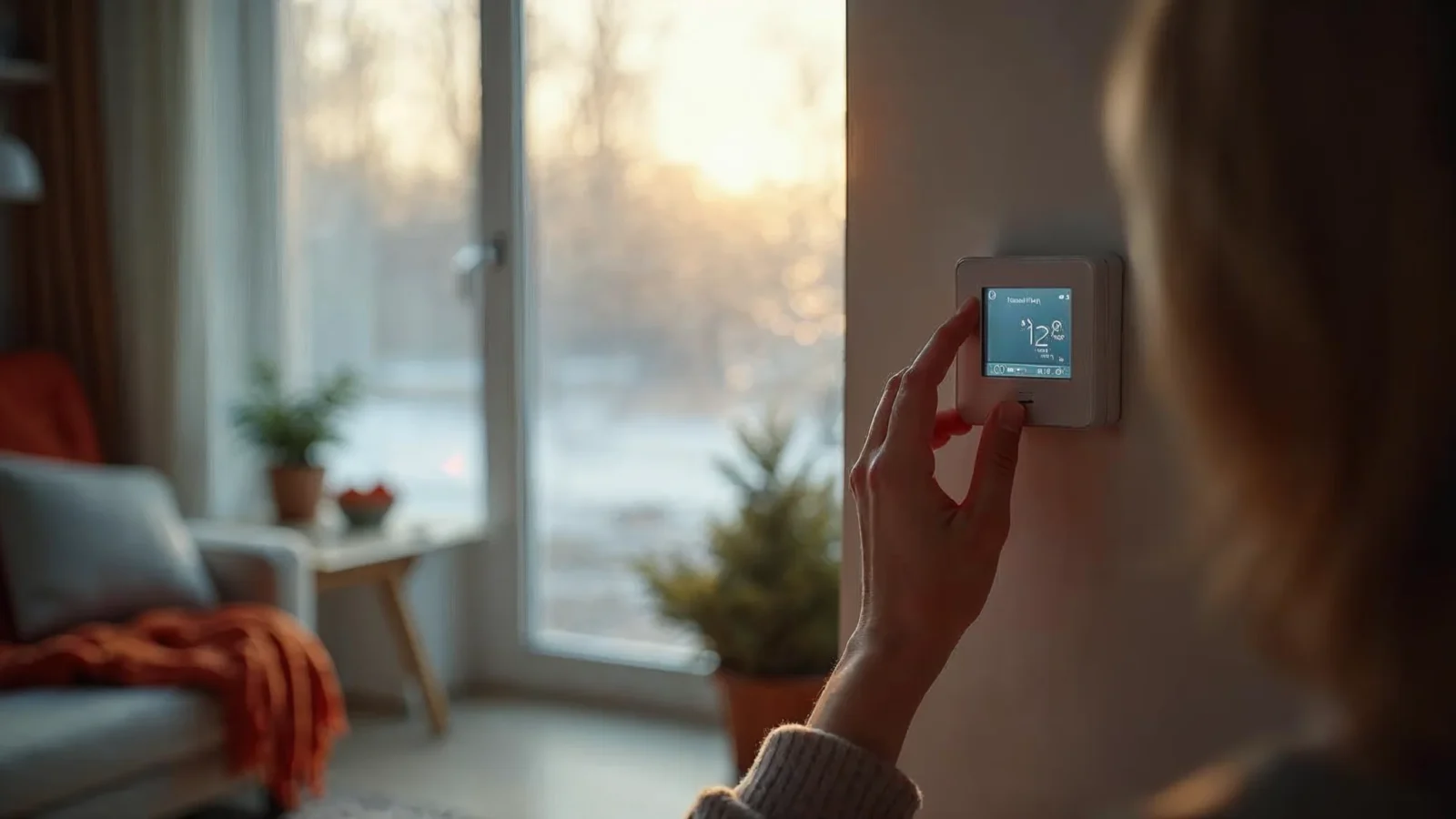 Warme woonkamer in de winter met iemand aan de thermostaat