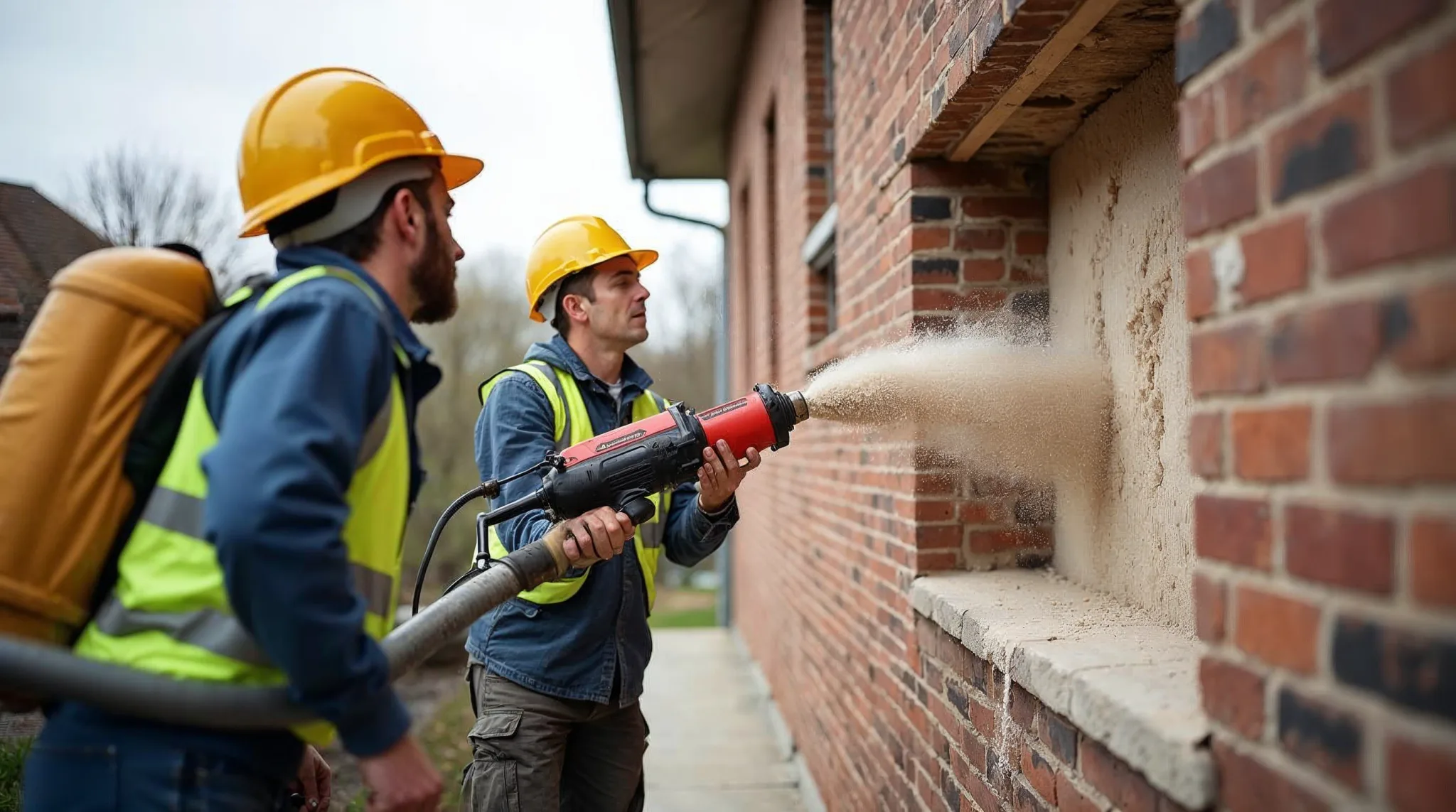 Werkmannen blazen isolatie in de spouwmuur van een woning