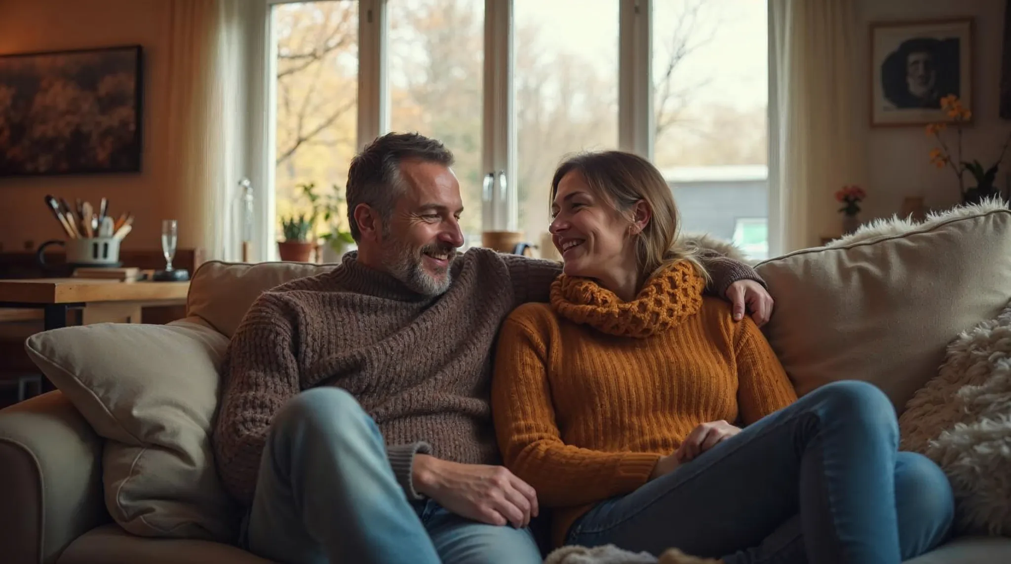 Koppel ontspant in een warme lichte woonkamer in de winter