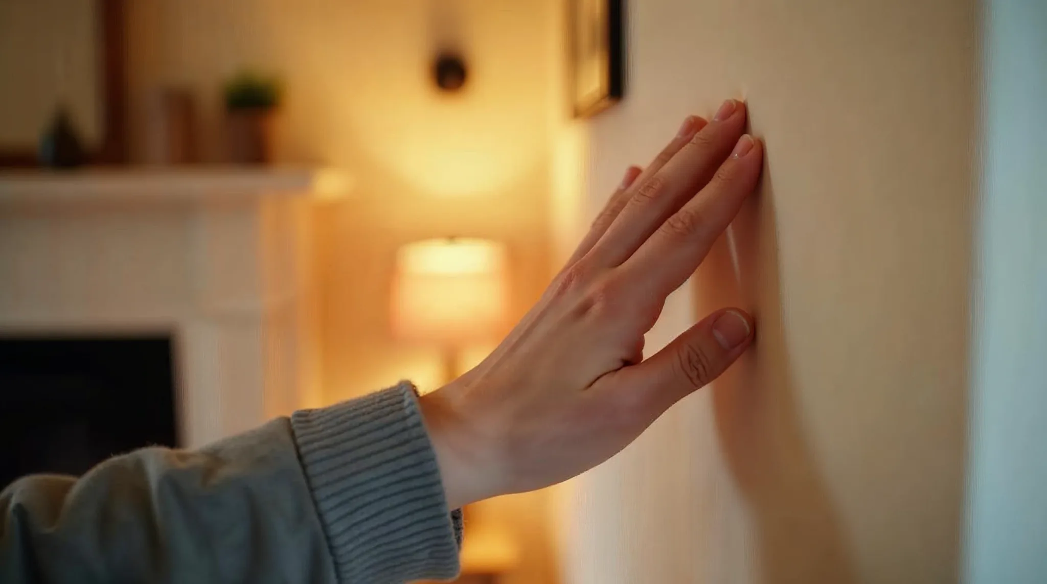 Persoon met de hand tegen een warme binnenmuur