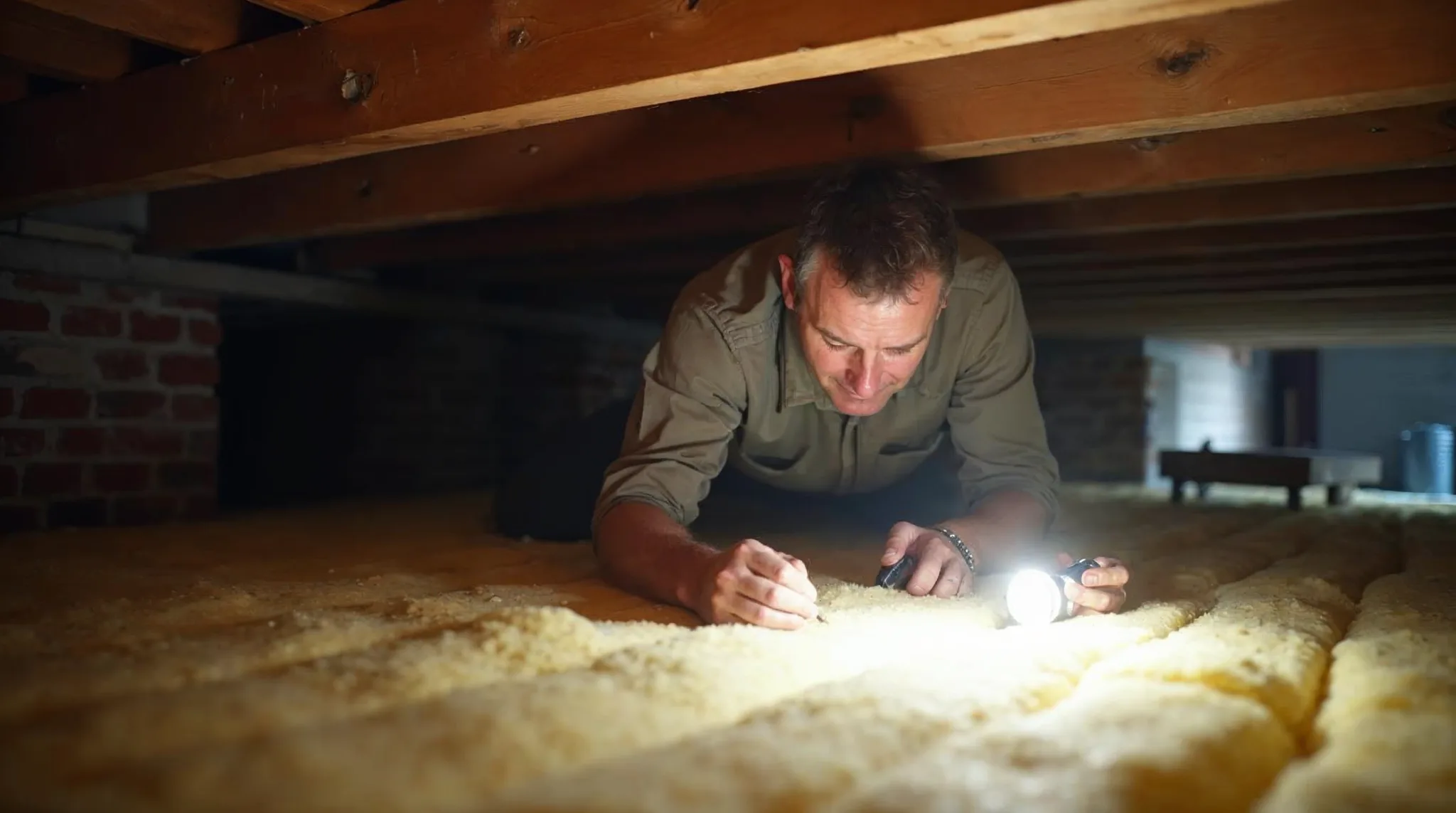 Werkman isoleert de vloer vanuit de kruipruimte met een zaklamp