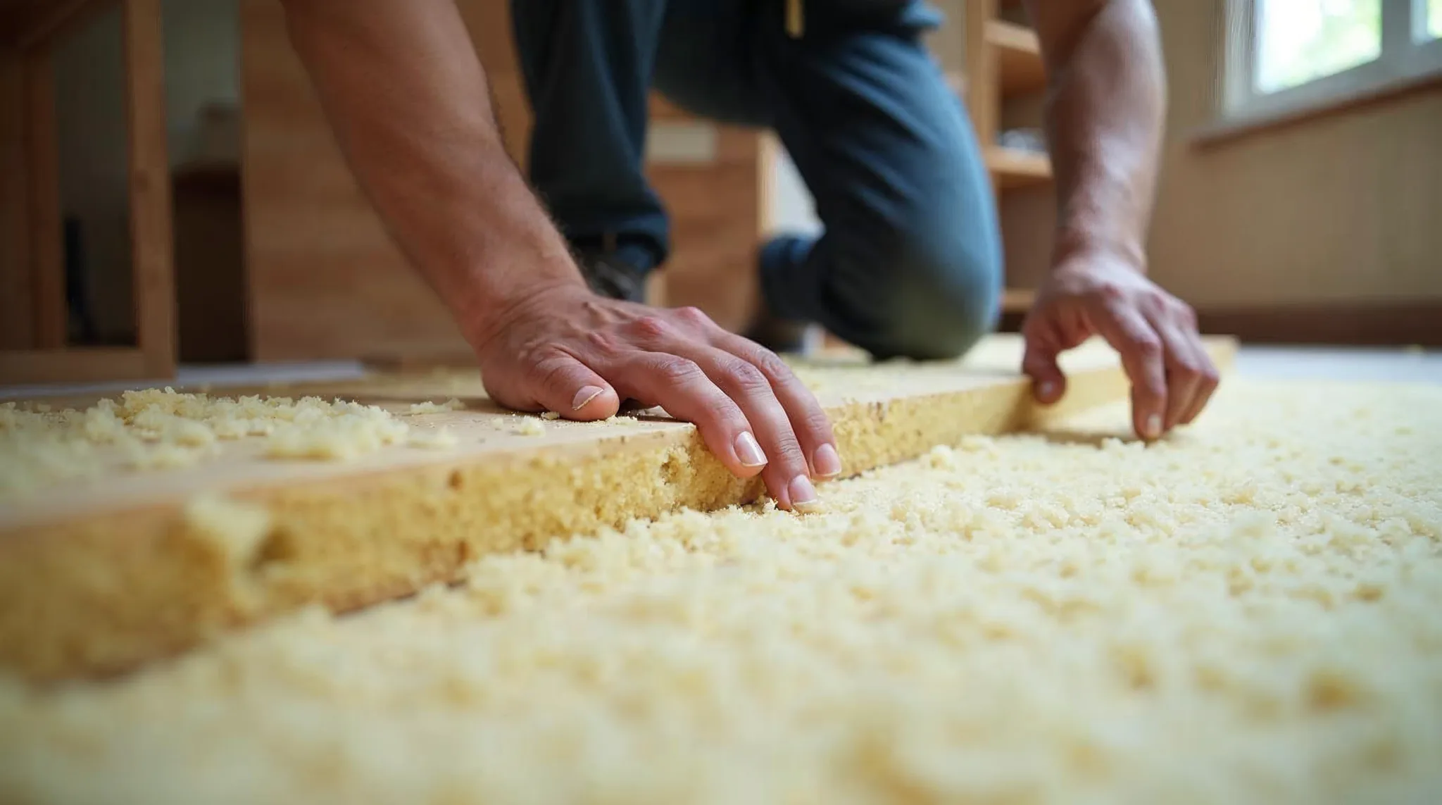 Werkman plaatst glaswol onder een houten vloer
