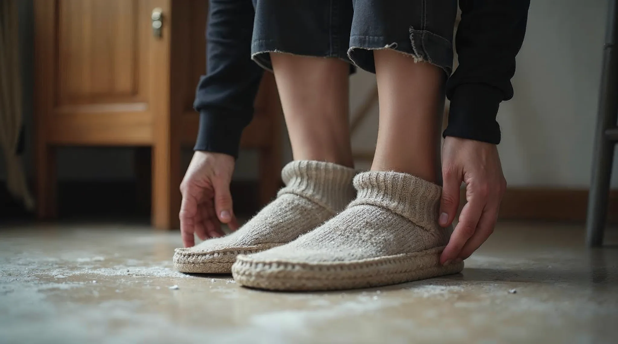 Persoon pakt pantoffels naast een koude vloer in de winter