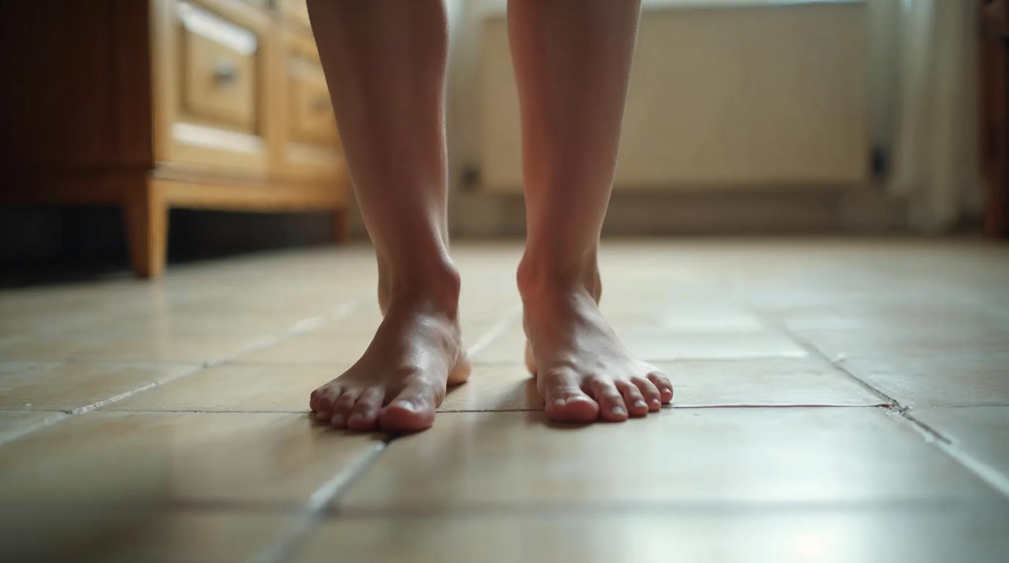 Blote voeten op een koude tegelvloer in een woning