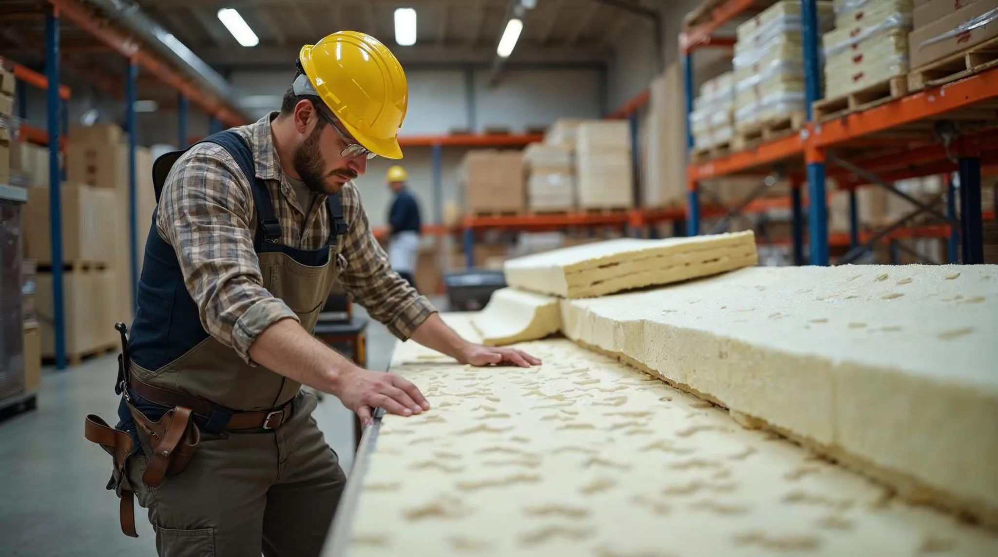 Werkman bekijkt verschillende vloerisolatiematerialen