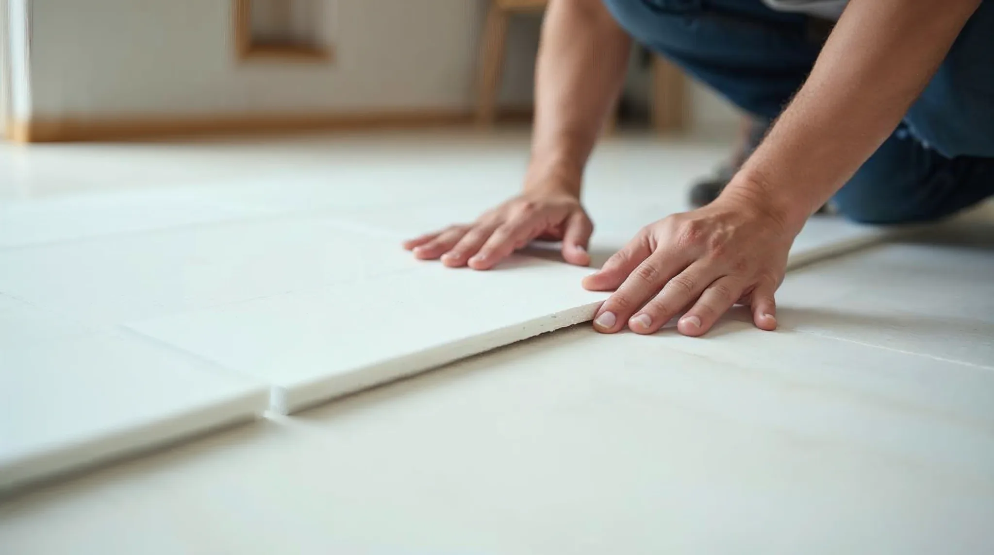 Werkman legt witte piepschuimplaten op een vloer