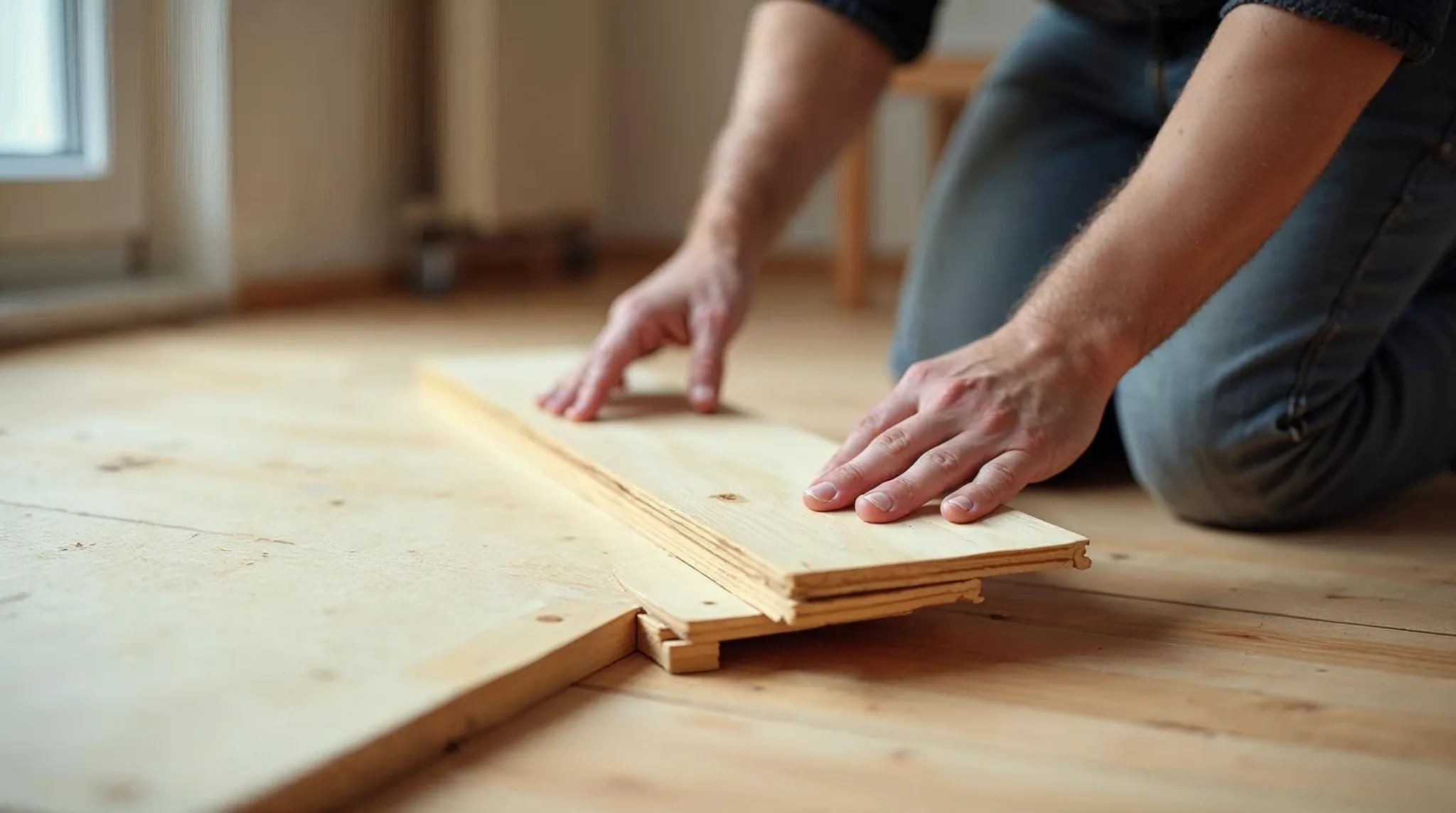 Werkman neemt vloerplanken op om een houten vloer te isoleren