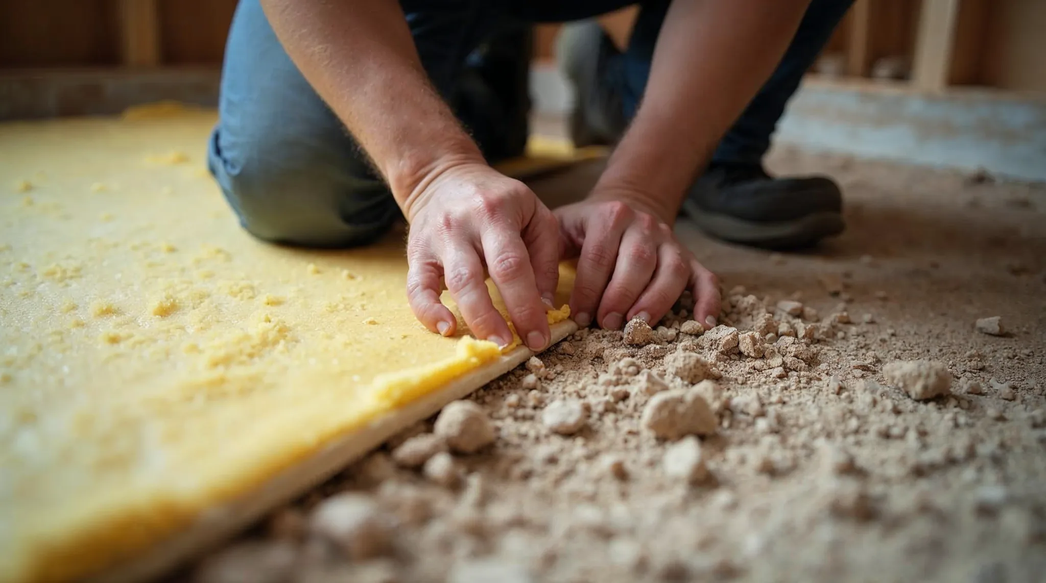 Werkman legt isolatie op de volle grond zonder kruipruimte