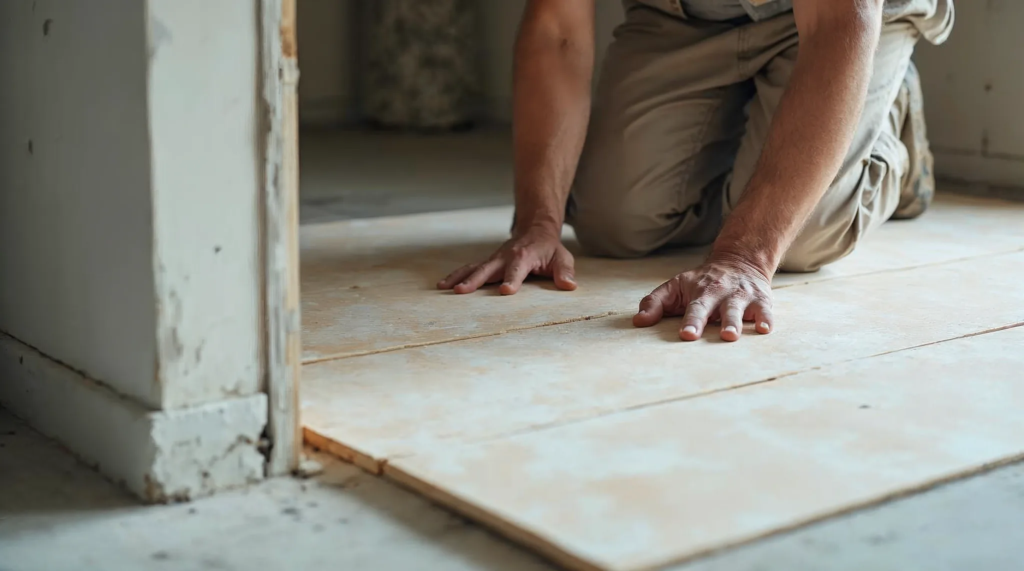 Werkman legt vloerisolatieplaten op een betonnen vloer