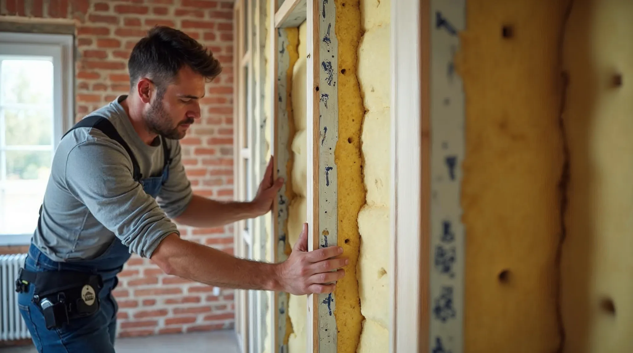 Werkman bouwt een geïsoleerde voorzetwand tegen een binnenmuur
