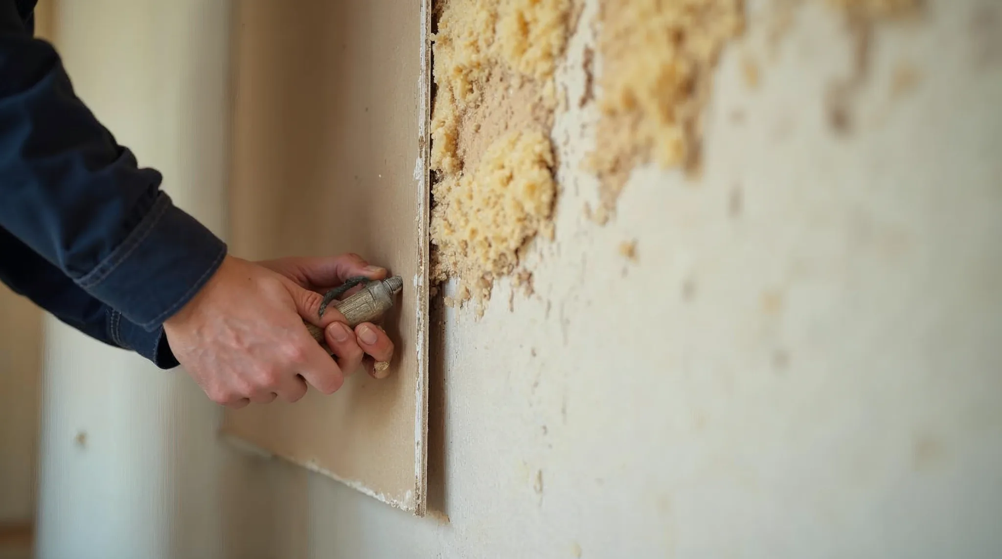 Werkman schroeft gipsplaat op een geïsoleerd frame tegen een muur