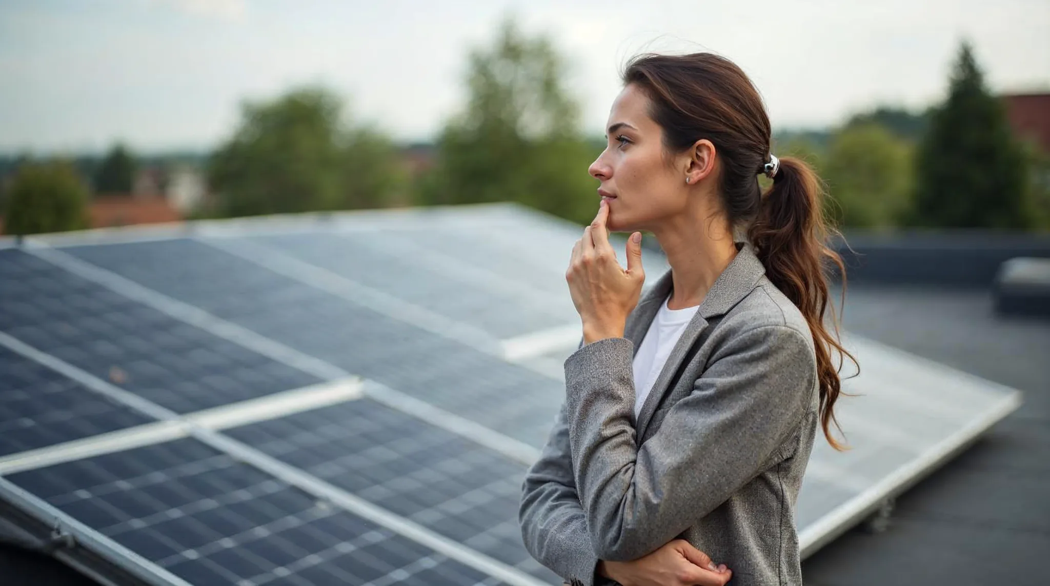 Bewoner kijkt bedenkelijk naar zonnepanelen op het dak